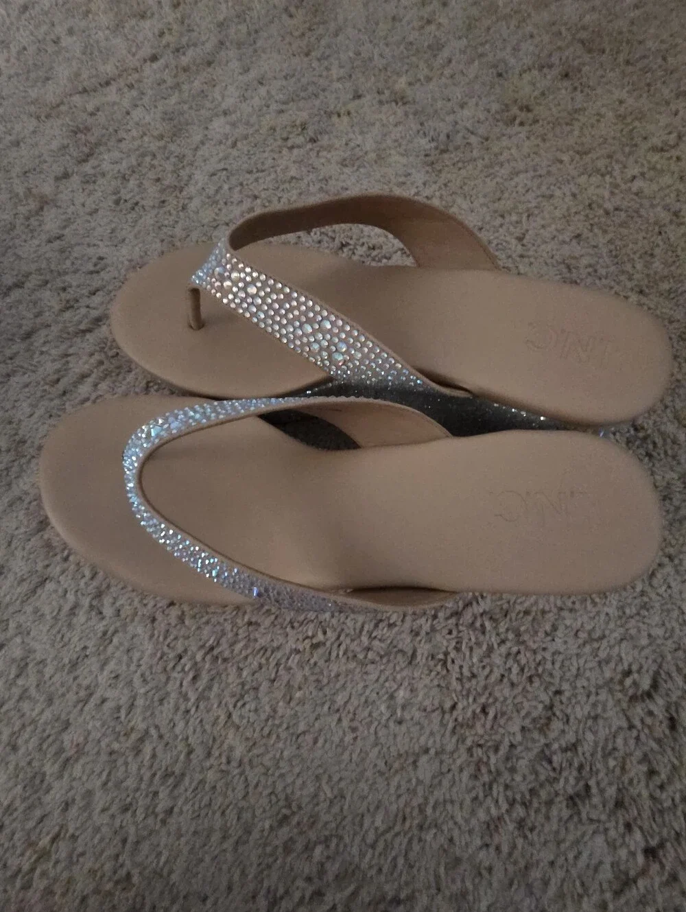Beige Crystal Embellished Wedge Flip Flops - Brand: